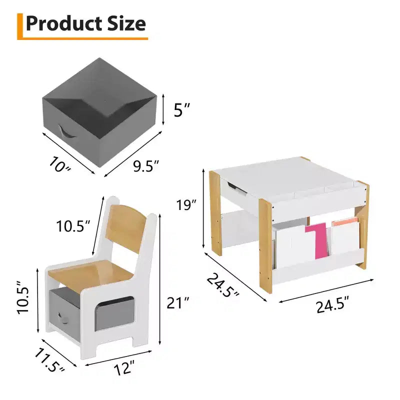 4-in-1 Activity Table Set with Detachable Tabletop, Table Set with Drawers and Bookshelf, Multifunctional Toddler Furniture for Drawing, Reading