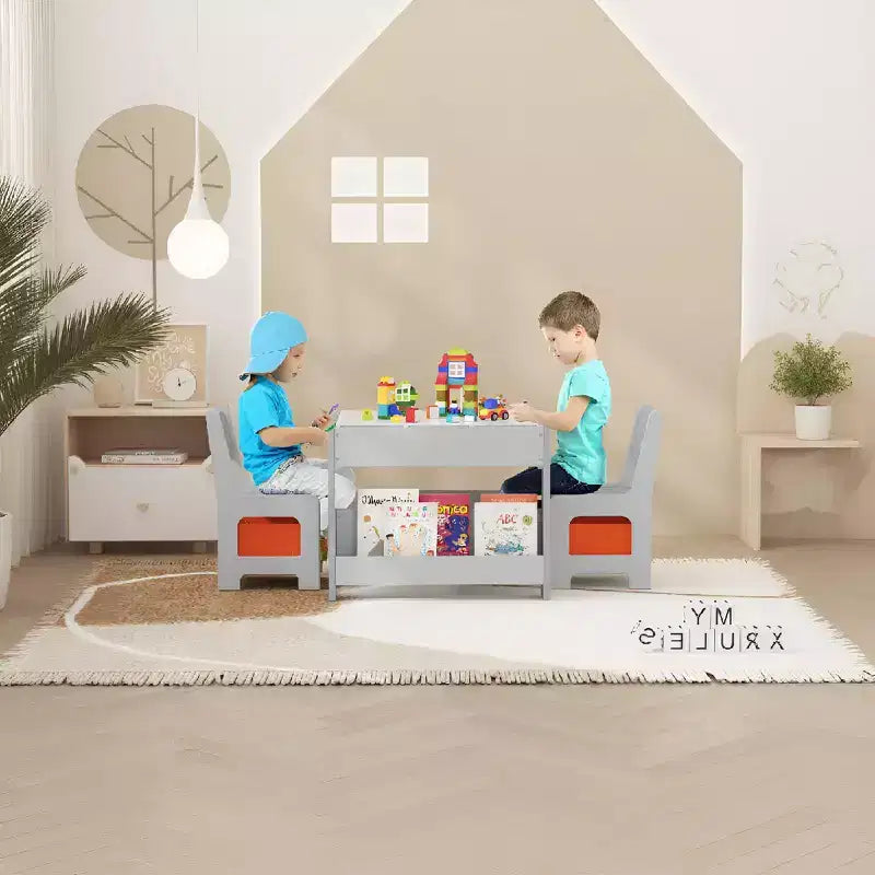 4-in-1 Activity Table Set with Detachable Tabletop, Table Set with Drawers and Bookshelf, Multifunctional Toddler Furniture for Drawing, Reading