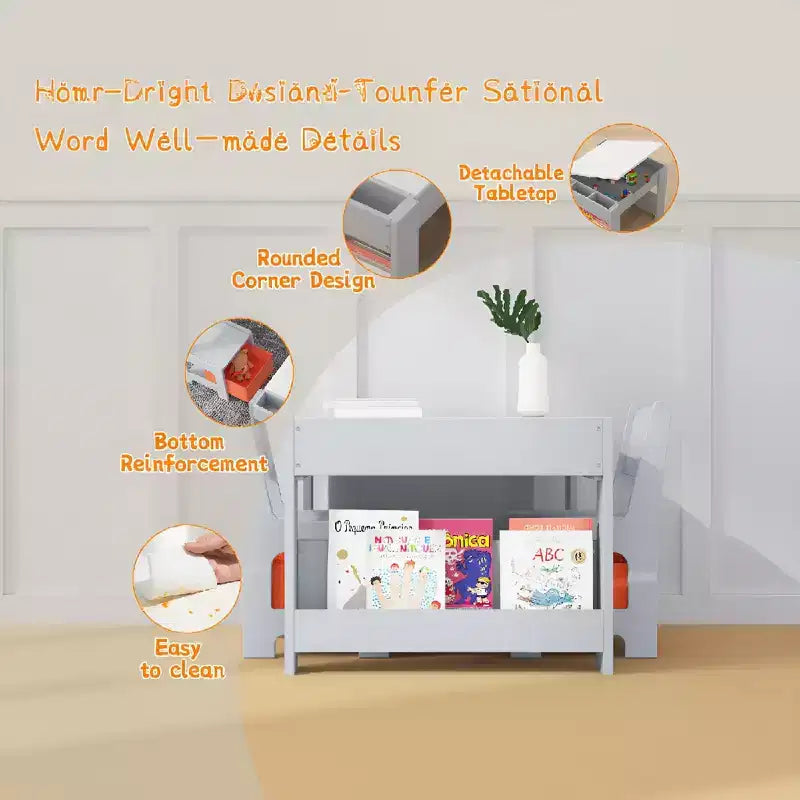 4-in-1 Activity Table Set with Detachable Tabletop, Table Set with Drawers and Bookshelf, Multifunctional Toddler Furniture for Drawing, Reading