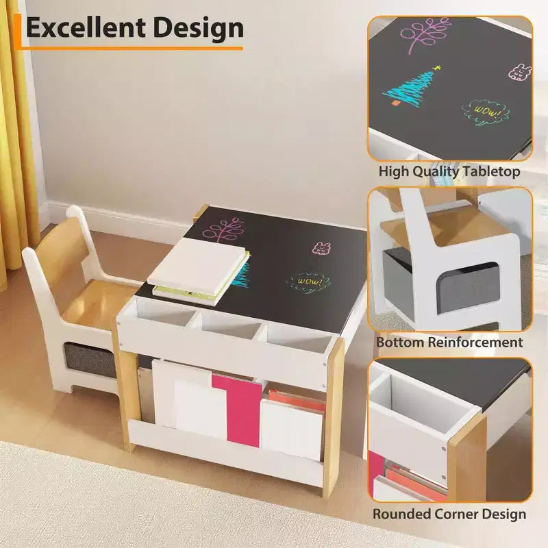 4-in-1 Activity Table Set with Detachable Tabletop, Table Set with Drawers and Bookshelf, Multifunctional Toddler Furniture for Drawing, Reading