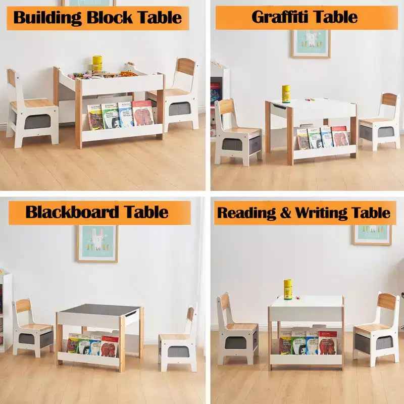 4-in-1 Activity Table Set with Detachable Tabletop, Table Set with Drawers and Bookshelf, Multifunctional Toddler Furniture for Drawing, Reading