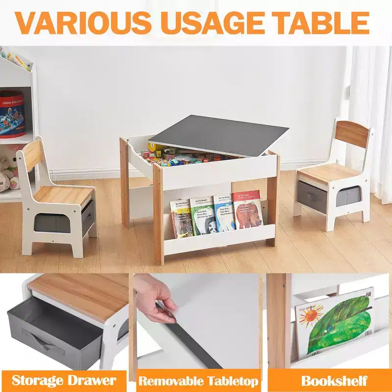 4-in-1 Activity Table Set with Detachable Tabletop, Table Set with Drawers and Bookshelf, Multifunctional Toddler Furniture for Drawing, Reading