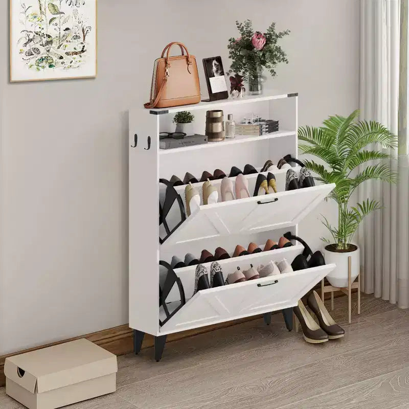 Shoe Cabinet with 2 Flip Drawers, Freestanding Shoe Storage Cabinet with Open Shelves, Hidden Narrow Shoe Rack for Entryway Hallway