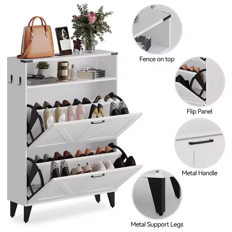 Shoe Cabinet with 2 Flip Drawers, Freestanding Shoe Storage Cabinet with Open Shelves, Hidden Narrow Shoe Rack for Entryway Hallway
