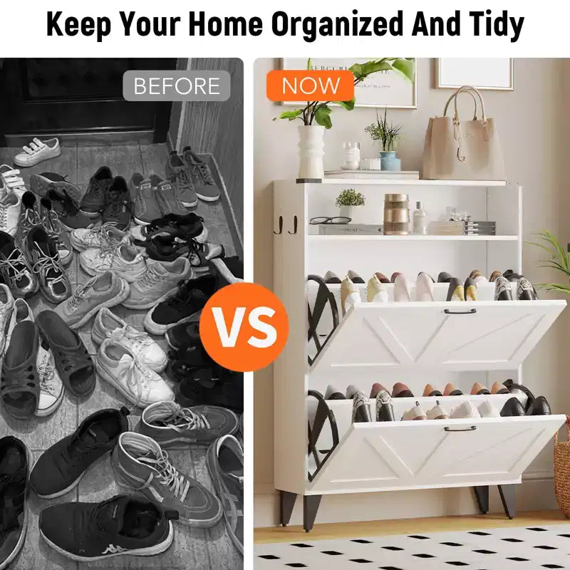 Shoe Cabinet with 2 Flip Drawers, Freestanding Shoe Storage Cabinet with Open Shelves, Hidden Narrow Shoe Rack for Entryway Hallway
