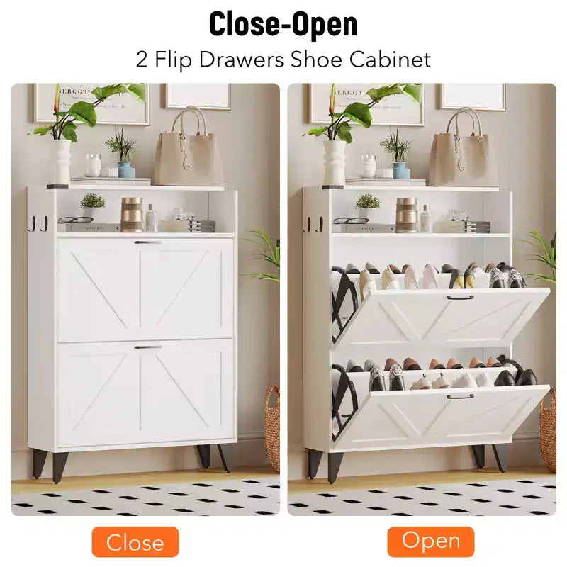Shoe Cabinet with 2 Flip Drawers, Freestanding Shoe Storage Cabinet with Open Shelves, Hidden Narrow Shoe Rack for Entryway Hallway