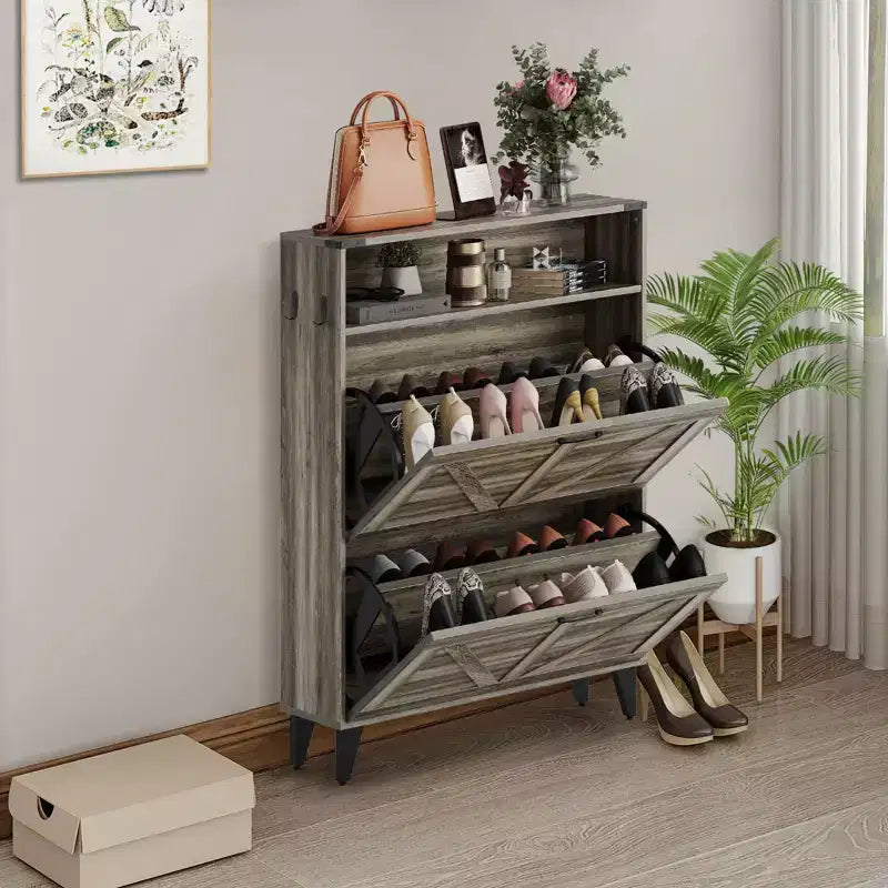 Shoe Cabinet with 2 Flip Drawers, Freestanding Shoe Storage Cabinet with Open Shelves, Hidden Narrow Shoe Rack for Entryway Hallway