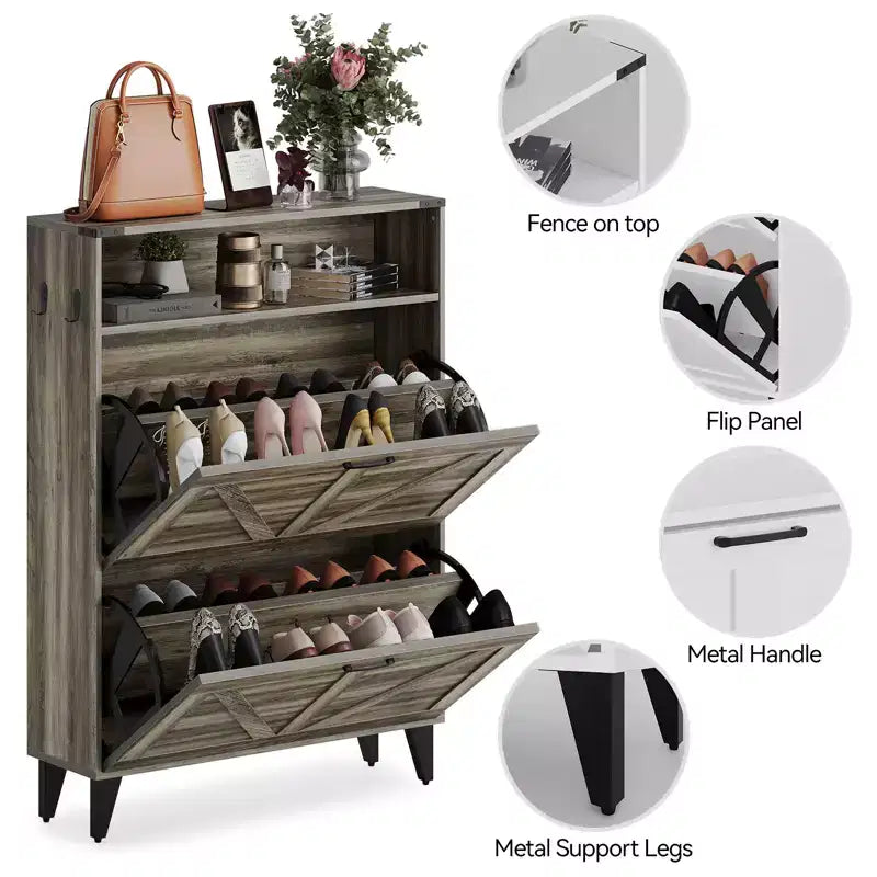 Shoe Cabinet with 2 Flip Drawers, Freestanding Shoe Storage Cabinet with Open Shelves, Hidden Narrow Shoe Rack for Entryway Hallway