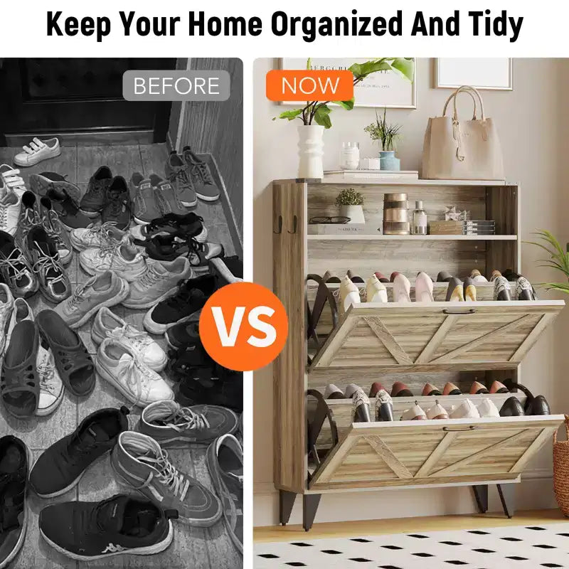 Shoe Cabinet with 2 Flip Drawers, Freestanding Shoe Storage Cabinet with Open Shelves, Hidden Narrow Shoe Rack for Entryway Hallway