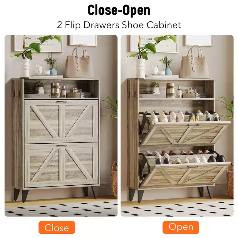 Shoe Cabinet with 2 Flip Drawers, Freestanding Shoe Storage Cabinet with Open Shelves, Hidden Narrow Shoe Rack for Entryway Hallway
