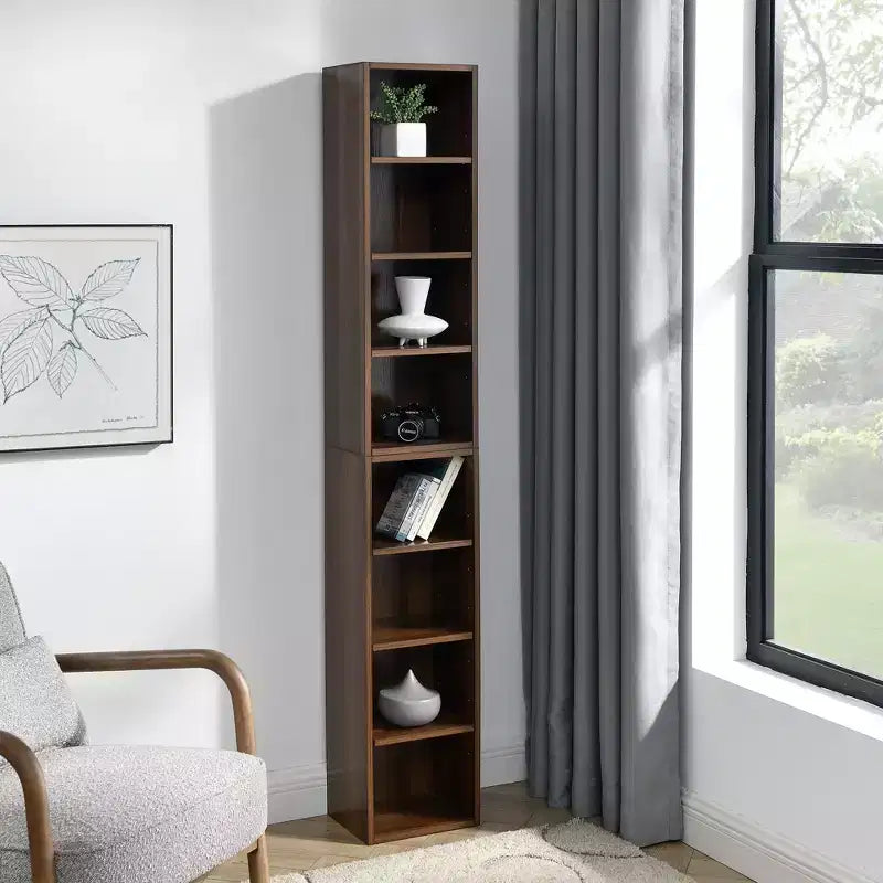 MAYEERTY 8 TierMedia Tower Rack Tall Narrow Bookcase Display Bookshelf with Adjustable Shelves for Home Living Room Walnut