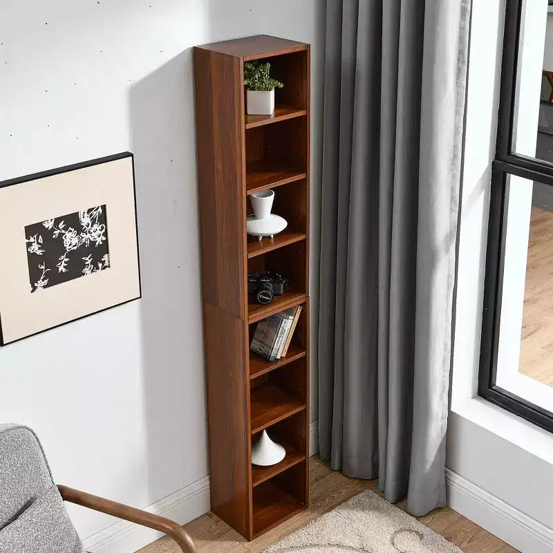 MAYEERTY 8 TierMedia Tower Rack Tall Narrow Bookcase Display Bookshelf with Adjustable Shelves for Home Living Room Walnut