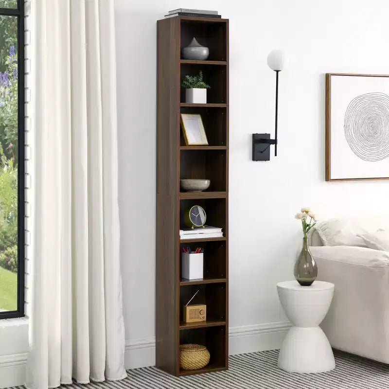 MAYEERTY 8 TierMedia Tower Rack Tall Narrow Bookcase Display Bookshelf with Adjustable Shelves for Home Living Room Walnut