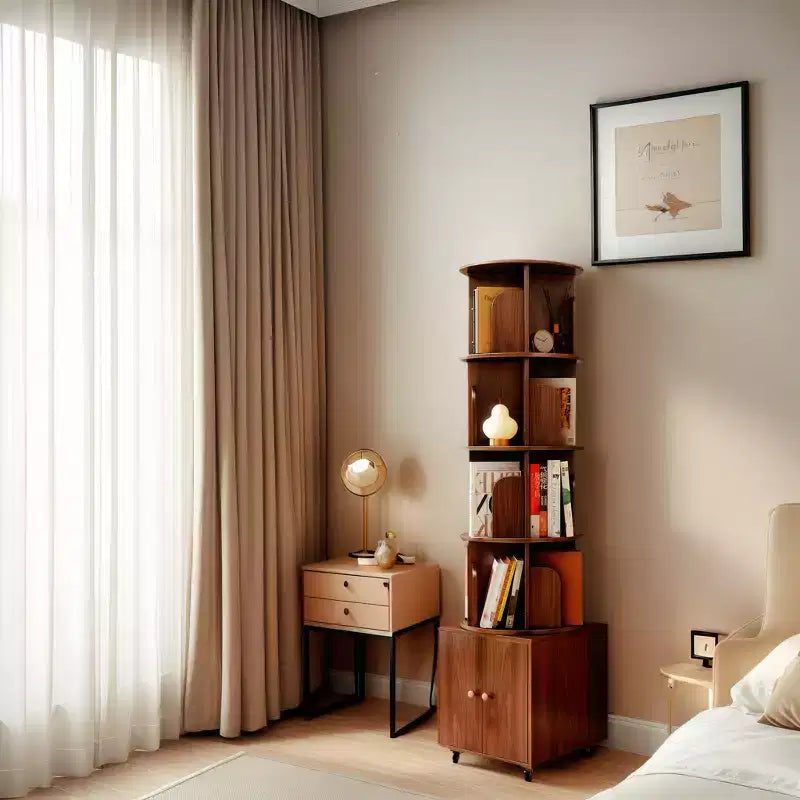 MAYEERTY 360 Degree Display 5Tier Corner Bookshelf with Drawer for Small Space Floor Standing Bookcase Storage Rack for Bedroom Living Room Walnut
