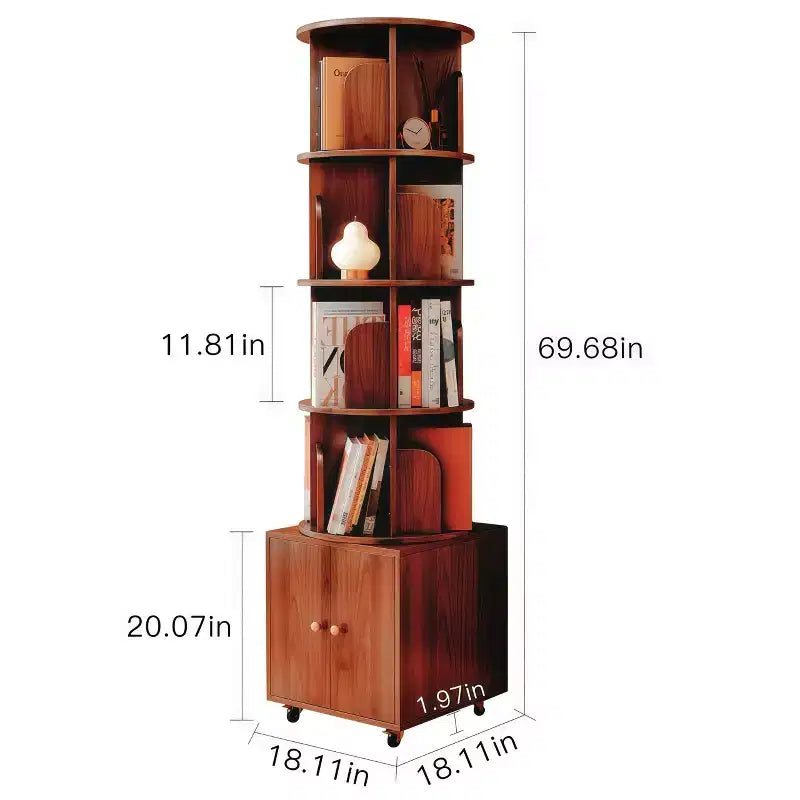 MAYEERTY 360 Degree Display 5Tier Corner Bookshelf with Drawer for Small Space Floor Standing Bookcase Storage Rack for Bedroom Living Room Walnut