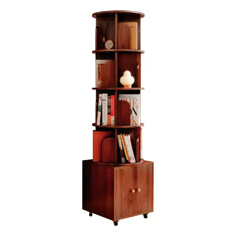 MAYEERTY 360 Degree Display 5Tier Corner Bookshelf with Drawer for Small Space Floor Standing Bookcase Storage Rack for Bedroom Living Room Walnut