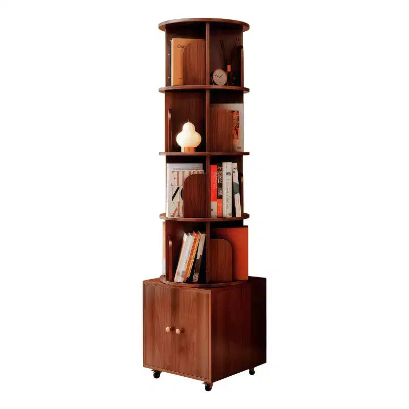 MAYEERTY 360 Degree Display 5Tier Corner Bookshelf with Drawer for Small Space Floor Standing Bookcase Storage Rack for Bedroom Living Room Walnut