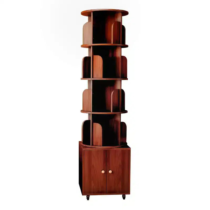 MAYEERTY 360 Degree Display 5Tier Corner Bookshelf with Drawer for Small Space Floor Standing Bookcase Storage Rack for Bedroom Living Room Walnut