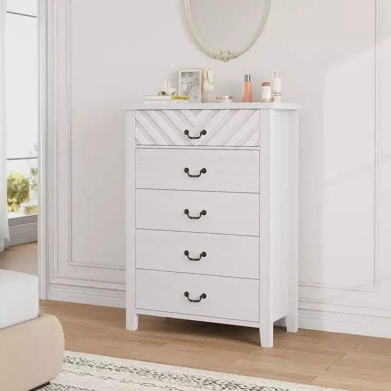 TROPOW Farmhouse 5 Dresser for Bedroom, 45.2 Tall Dresser, Vertical Drawer with Storage Freestanding, Wooden Closet Storage Chest for Bedroom