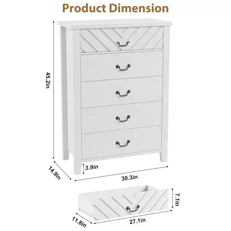 TROPOW Farmhouse 5 Dresser for Bedroom, 45.2 Tall Dresser, Vertical Drawer with Storage Freestanding, Wooden Closet Storage Chest for Bedroom