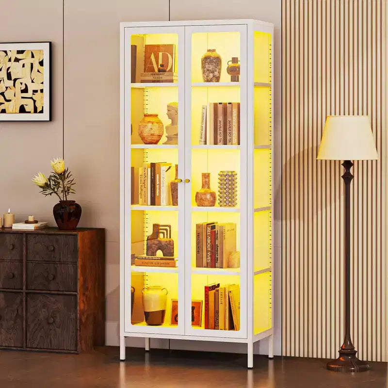 Bekrvio 67H 3-Side Glass Display Cabinet With LED Lights,5-Layer Storage with Double Doors and Metal Frame for Collectibles, Ideal for Small Spaces