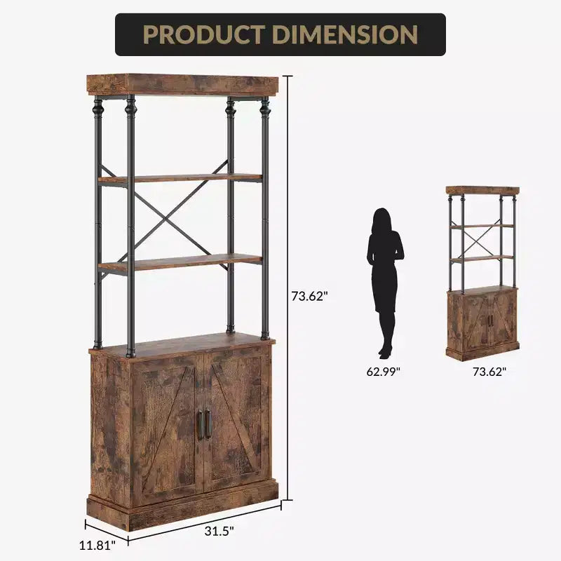 Bookshelf with Doors, 73.6 Industrial Bookcase - 4-Tier Wood & Metal Storage Shelf for Living Room, Office