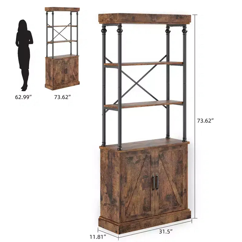 Bookshelf with Doors, 73.6 Industrial Bookcase - 4-Tier Wood & Metal Storage Shelf for Living Room, Office