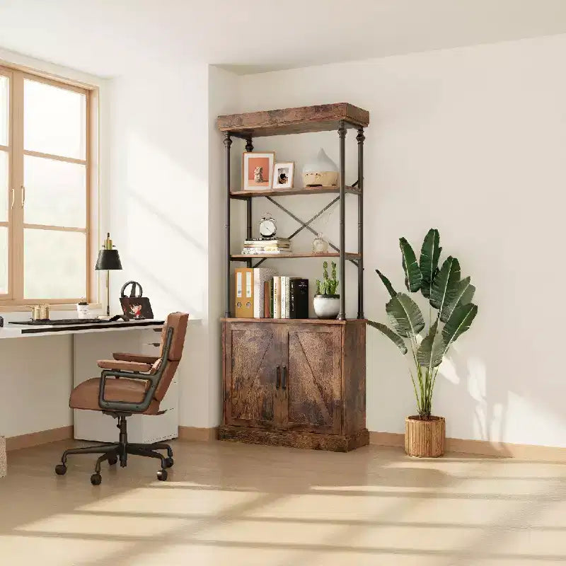 Bookshelf with Doors, 73.6 Industrial Bookcase - 4-Tier Wood & Metal Storage Shelf for Living Room, Office