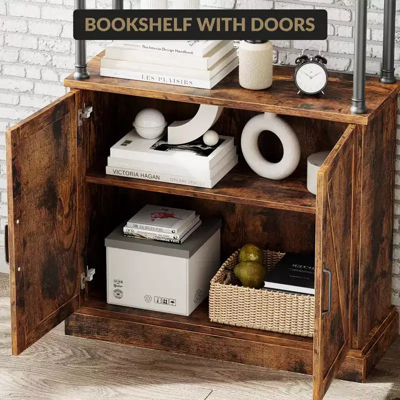 Bookshelf with Doors, 73.6 Industrial Bookcase - 4-Tier Wood & Metal Storage Shelf for Living Room, Office