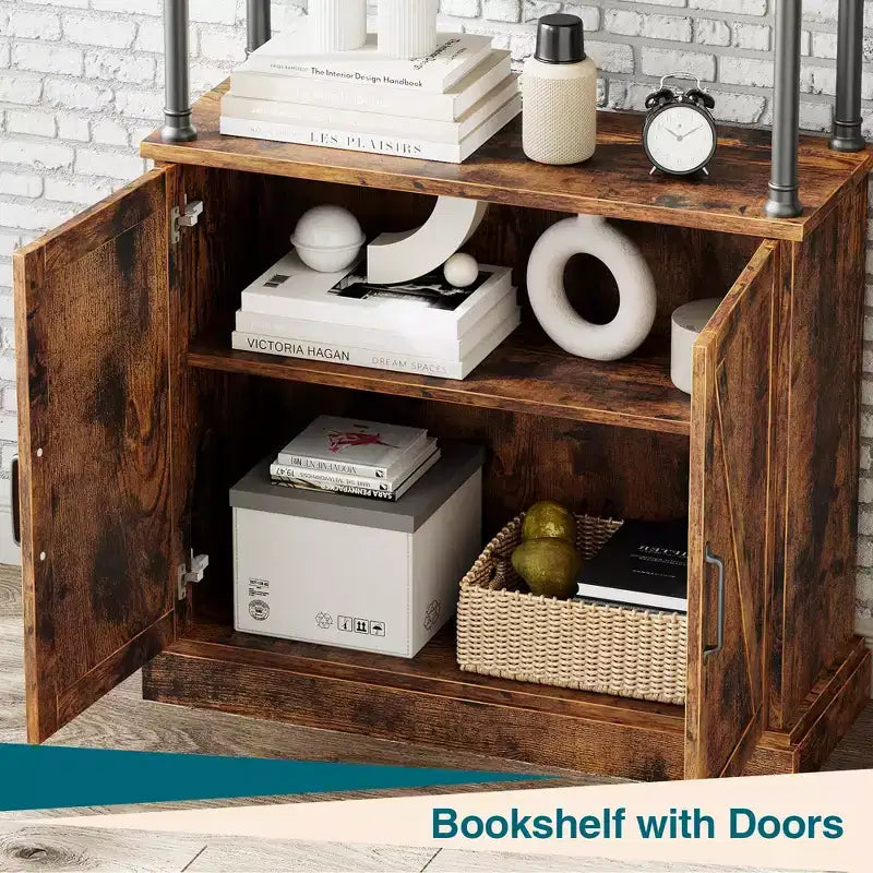Bookshelf with Doors, 73.6 Industrial Bookcase - 4-Tier Wood & Metal Storage Shelf for Living Room, Office