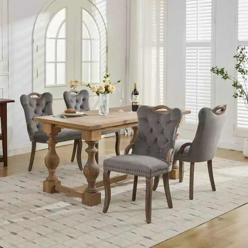 Zeus & Ruta Vintage Velvet Dining Chairs Set of 2 with Handmade Tufted Trim, Solid Wood Handles and Copper Nail Accents