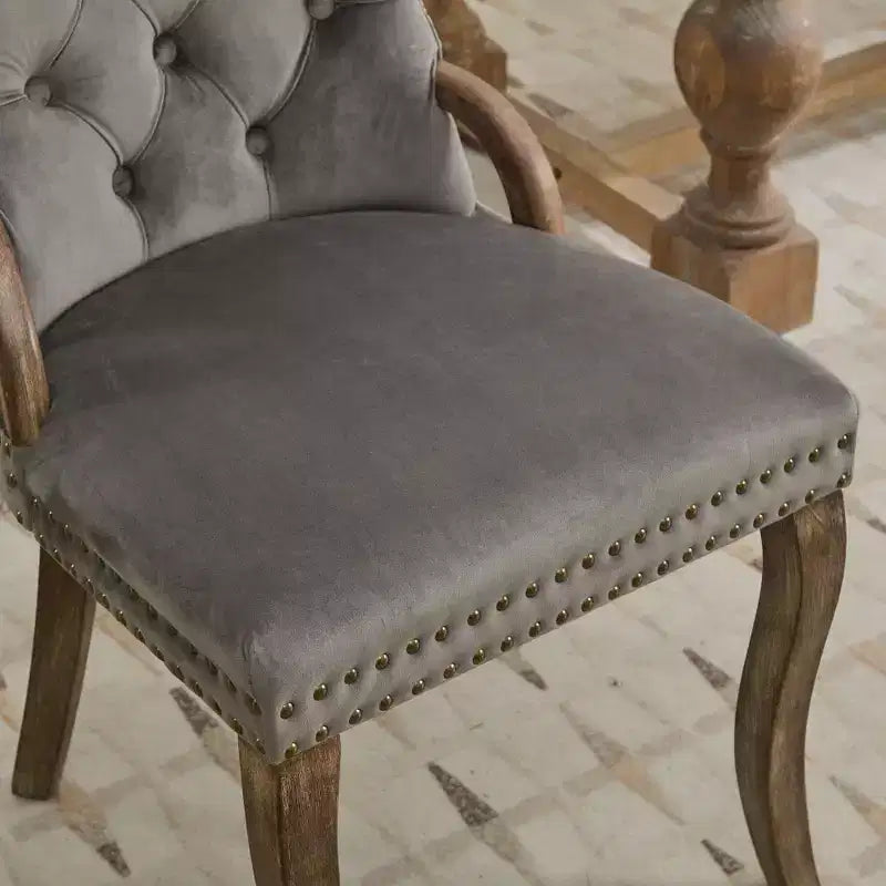 Zeus & Ruta Vintage Velvet Dining Chairs Set of 2 with Handmade Tufted Trim, Solid Wood Handles and Copper Nail Accents