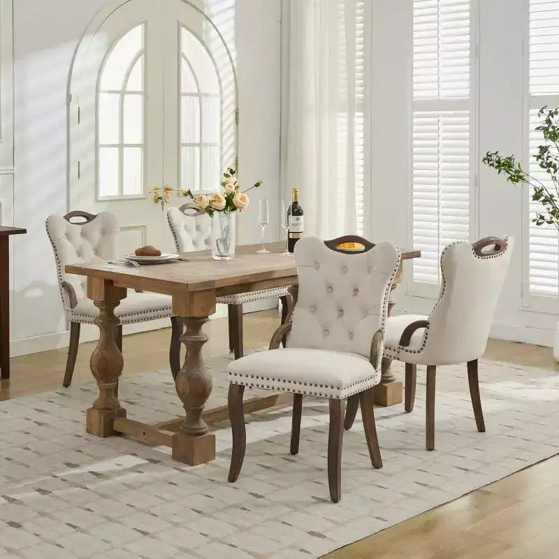 Zeus & Ruta Vintage Velvet Dining Chairs Set of 2 with Handmade Tufted Trim, Solid Wood Handles and Copper Nail Accents