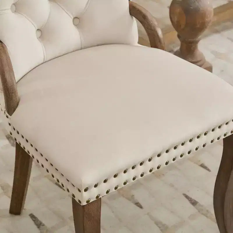 Zeus & Ruta Vintage Velvet Dining Chairs Set of 2 with Handmade Tufted Trim, Solid Wood Handles and Copper Nail Accents