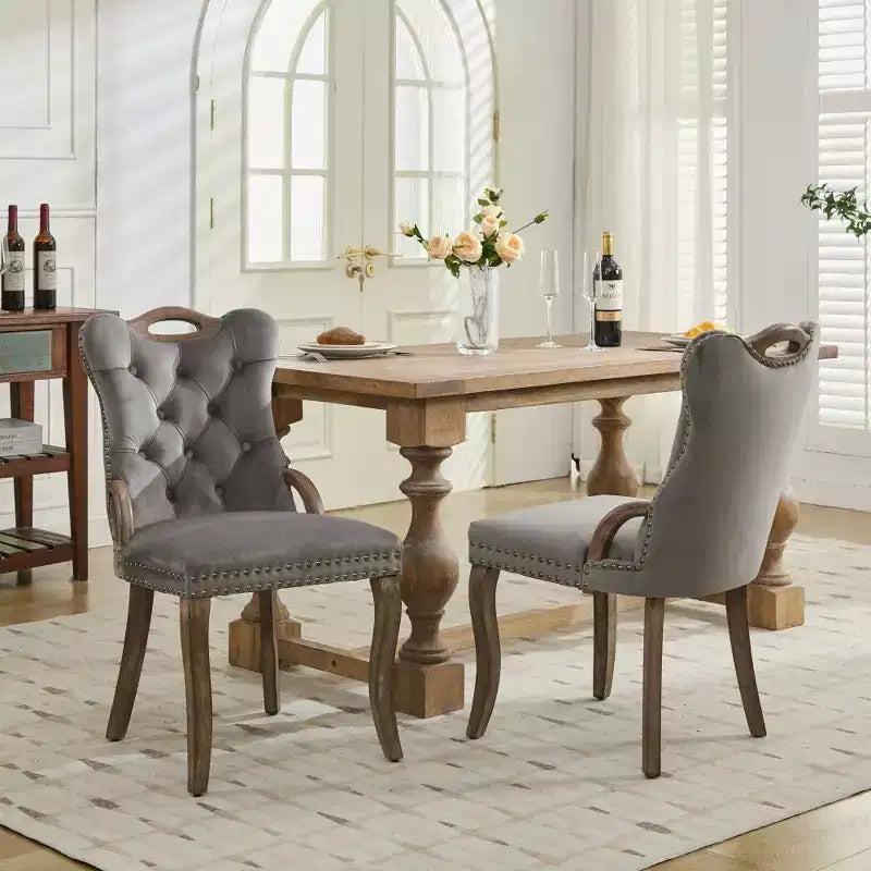 Zeus & Ruta Vintage Velvet Dining Chairs Set of 2 with Handmade Tufted Trim, Solid Wood Handles and Copper Nail Accents