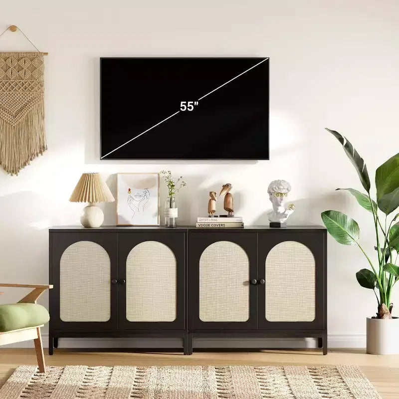 Rattan Sideboard Buffet Cabinet, Kitchen Storage Cabinet with Rattan Doors and Adjustable Shelves, for Living Dining Room Hallway