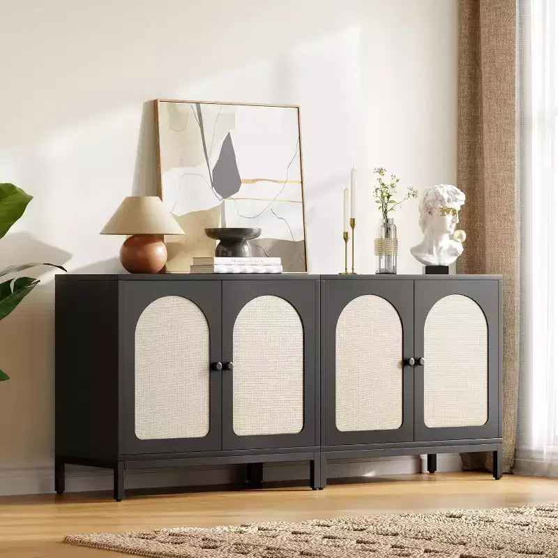 Rattan Sideboard Buffet Cabinet, Kitchen Storage Cabinet with Rattan Doors and Adjustable Shelves, for Living Dining Room Hallway