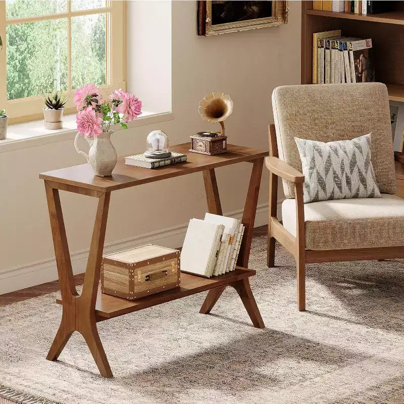 Lantine 2-Tier Solid Wood End Table, Storage Shelves Side Table with Sturdy Legs, for Small Spaces, Bedroom, Apartment