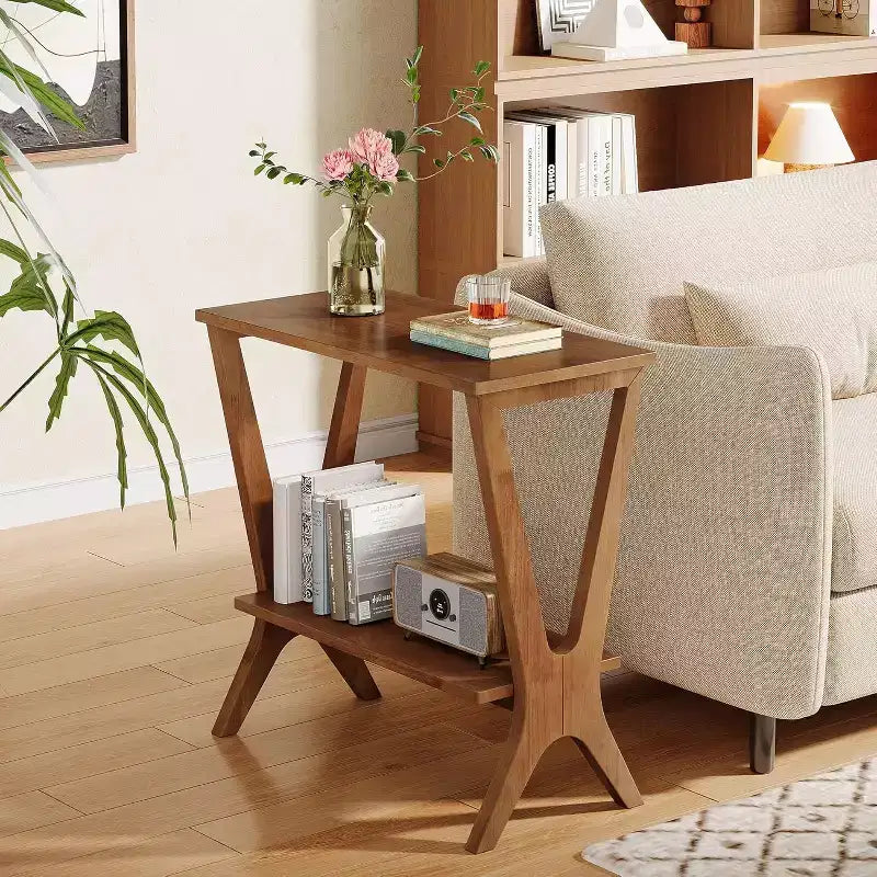Lantine 2-Tier Solid Wood End Table, Storage Shelves Side Table with Sturdy Legs, for Small Spaces, Bedroom, Apartment
