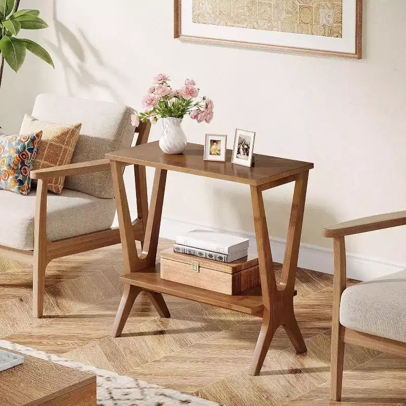 Lantine 2-Tier Solid Wood End Table, Storage Shelves Side Table with Sturdy Legs, for Small Spaces, Bedroom, Apartment