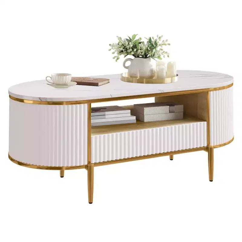 48'' Modern Faux Marble Top Oval Coffee Table with Drawer , Curved Profile Center Table with Storage