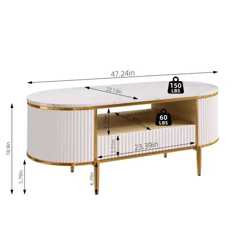 48'' Modern Faux Marble Top Oval Coffee Table with Drawer , Curved Profile Center Table with Storage