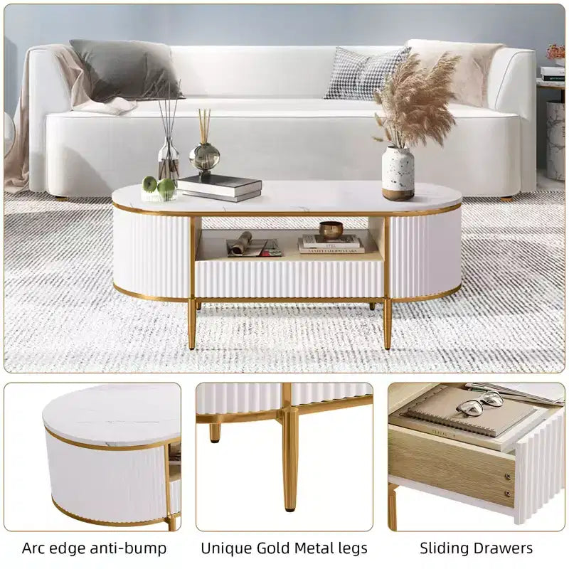 48'' Modern Faux Marble Top Oval Coffee Table with Drawer , Curved Profile Center Table with Storage