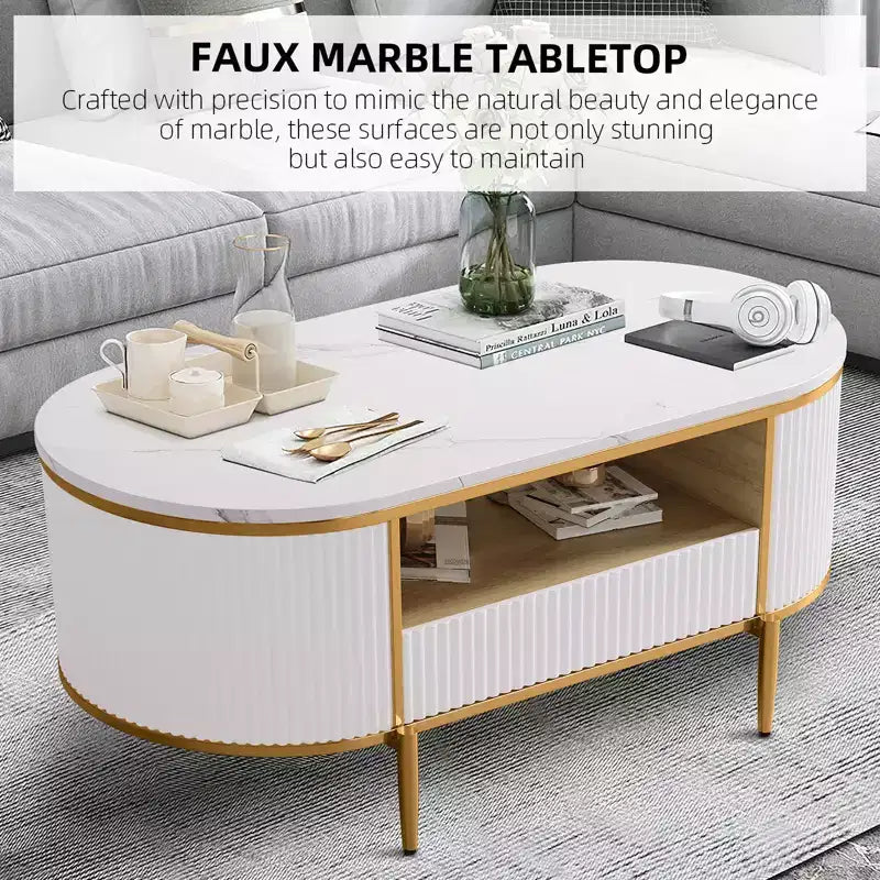 48'' Modern Faux Marble Top Oval Coffee Table with Drawer , Curved Profile Center Table with Storage