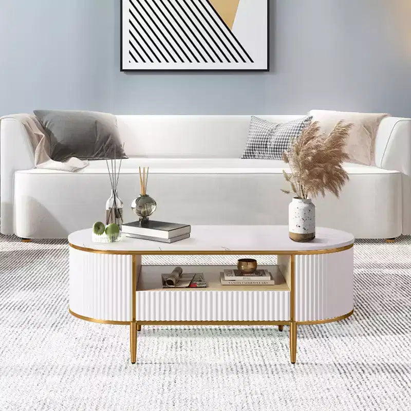 48'' Modern Faux Marble Top Oval Coffee Table with Drawer , Curved Profile Center Table with Storage