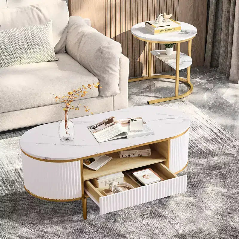 48'' Modern Faux Marble Top Oval Coffee Table with Drawer , Curved Profile Center Table with Storage