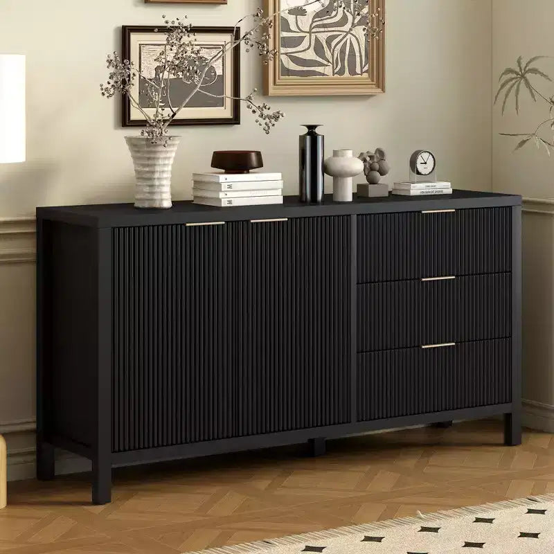 Okak Wooden Sideboard Buffet, Storage Cabinet with Embossed Curved Doors, Console Table for Kitchen Living Room Study