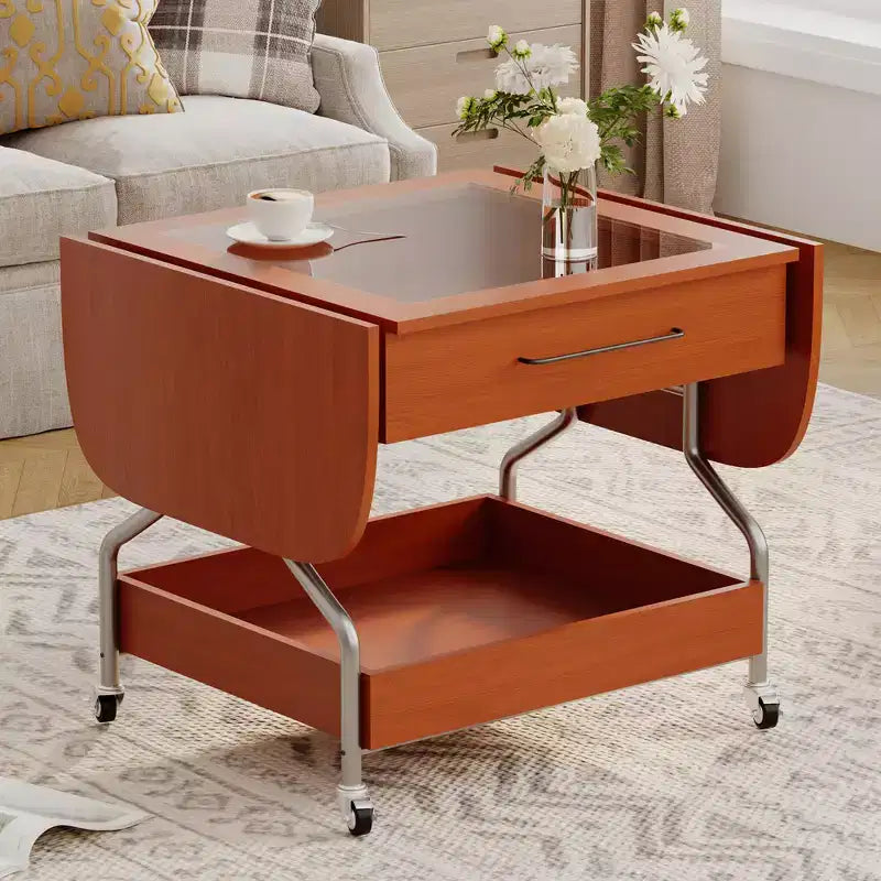 Zeus & Ruta Modern Folding Coffee Table with Wheels with 1 Drawer & 2-Tier Storage, Metal Frame for Living Room