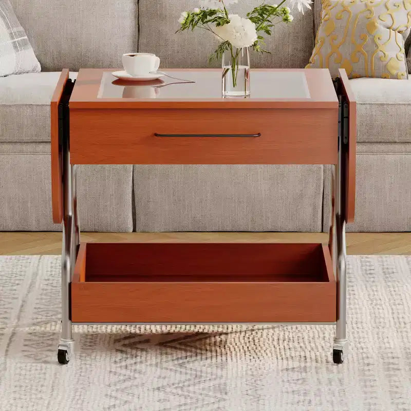 Zeus & Ruta Modern Folding Coffee Table with Wheels with 1 Drawer & 2-Tier Storage, Metal Frame for Living Room