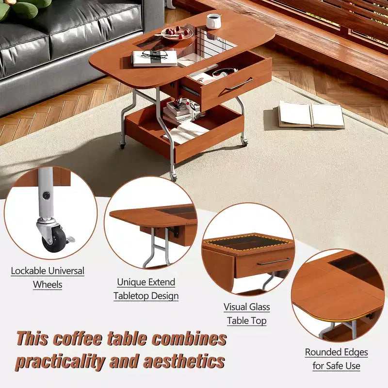 Zeus & Ruta Modern Folding Coffee Table with Wheels with 1 Drawer & 2-Tier Storage, Metal Frame for Living Room